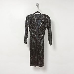 Vintage Oleg Cassini Sequins Knot Front Long Sleeve‎ Cocktail Party Dress Black